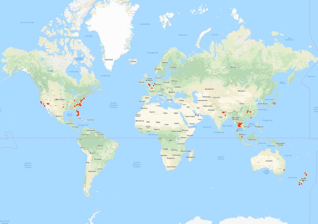 Map screenshot showing places lived, visited, or transited through